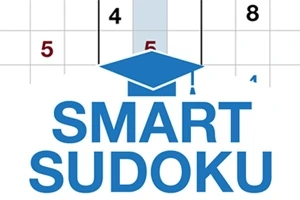 青い学士帽のロゴと「SMART SUDOKU」の文字、背景に一部の数独の盤面が表示されたデザイン。