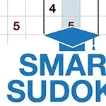 青い学士帽のロゴと「SMART SUDOKU」の文字、背景に一部の数独の盤面が表示されたデザイン。