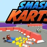 カートに乗った動物のキャラクターたちがトラックを走っており、背景にカラフルなバリアと大きなタイトルロゴがあるイラスト。