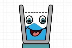 笑顔の顔が描かれたガラスのコップの中に青い液体が満たされているイラスト。
