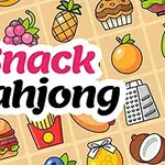 色とりどりのスナックとフルーツのイラストが並ぶ背景に「Snack Mahjong」の文字があります。