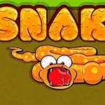 オレンジ色のヘビが大きな目を持ち、くねくねした体をしているイラスト。