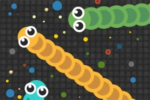 カラフルなヘビのキャラクターが黒い背景に配置され、周囲には色とりどりの丸いドットが散らばっているイラスト。
