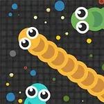 カラフルなヘビのキャラクターが黒い背景に配置され、周囲には色とりどりの丸いドットが散らばっているイラスト。