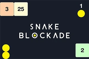 「SNAKE BLOCKADE」という文字が中央に配置され、周囲に数字の書かれたブロックと黄色い円がある黒い背景の画像。