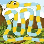 黄色と青のしま模様のヘビが曲がりくねっているイラストで、背景には緑豊かな植物が描かれている。