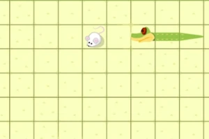 グリッド状の背景に白いネズミと緑色のヘビが描かれているイラスト。