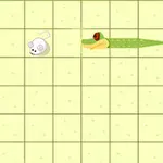 グリッド状の背景に白いネズミと緑色のヘビが描かれているイラスト。