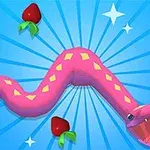 ピンク色のヘビが青い背景に描かれ、周囲にいくつかの赤い果物が浮かんでいるイラスト。