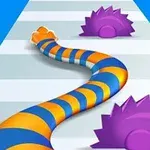青とオレンジの縞模様の蛇が、紫色の障害物を避けながら道を進んでいる。