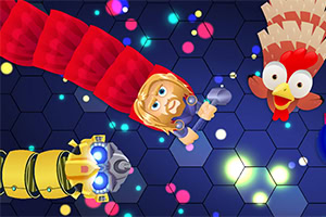 カラフルなヘックスパターンの背景に、漫画風の赤いヘビ、ロボット、ヒーローのキャラクターと鮮やかな色の鶏が描かれているイラスト。