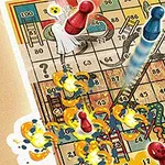 ボードゲームの盤上に、赤と青のコマ、階段や炎のエフェクト、幽霊のキャラクターが描かれている。