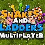 草地の背景にカラフルなはしごと蛇、二人のキャラクター、立体的な文字で書かれた「SNAKES AND LADDERS MULTIPLAYER」のタイトル。