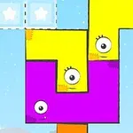 黄色と紫色のブロックが空に浮かんでいて、いくつかのブロックには目が描かれている。