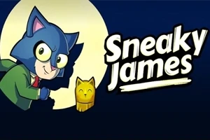 青い猫のキャラクターが緑の服を着て月をバックに立っている。