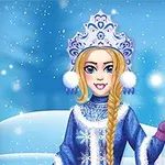 雪の背景に、青い衣装を着た女性が冠と杖を持って立っているイラスト。