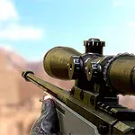 狙撃銃を構えた手とスコープ越しに見える荒野の風景。