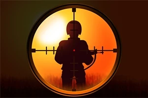夕日を背景にした銃の照準越しに見える武装した人物のシルエット。