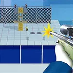 スナイパーライフルを構えた手前に構造物と標的のいるデジタルな風景。