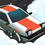 赤と白のストライプ模様のスポーツカーが雪道をドリフトしているイラスト。