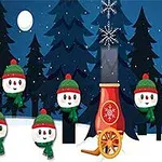 雪の夜の森に、赤い帽子と緑のマフラーを着けた雪だるまの顔がいくつか浮かび上がり、中央に雪の結晶模様のある赤い大砲が置かれている。