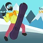 雪山の背景に、カラフルな服装のスノーボーダーが大きなスノーボードを持つ。