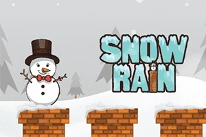 雪景色の中、左側にシルクハットをかぶった雪だるまと、右側に「SNOW RAIN」と描かれたロゴがある。