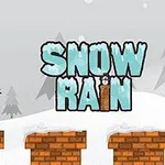 雪景色の中、左側にシルクハットをかぶった雪だるまと、右側に「SNOW RAIN」と描かれたロゴがある。