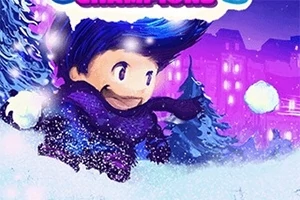 紫色の風景の中で、青い髪のキャラクターが雪の中を進んでいる。