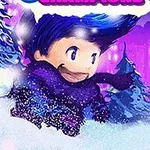 紫色の風景の中で、青い髪のキャラクターが雪の中を進んでいる。