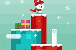 赤い帽子とマフラーを身につけたキャラクターが、雪が積もったカラフルなブロックの上に立っているイラスト。
