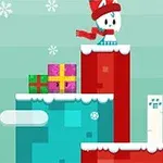 赤い帽子とマフラーを身につけたキャラクターが、雪が積もったカラフルなブロックの上に立っているイラスト。