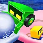 緑色の機械が大きな雪玉を押している様子。