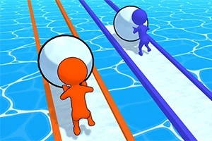 青い背景に、オレンジ色と紫色のキャラクターがそれぞれのレーンで大きな白いボールを押している。