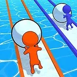 青い背景に、オレンジ色と紫色のキャラクターがそれぞれのレーンで大きな白いボールを押している。