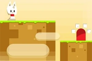 白い猫のキャラクターが草の生えた土のプラットフォームに立ち、先に赤いドアのある別のプラットフォームがある。
