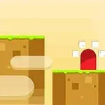 白い猫のキャラクターが草の生えた土のプラットフォームに立ち、先に赤いドアのある別のプラットフォームがある。