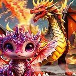 かわいらしいドラゴンの赤ちゃんと色とりどりのタマゴ、背景に火を吹く大きなドラゴン。