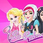 ピンクの背景に、3人の女の子が美容関連の道具を持って微笑んでいるイラスト。