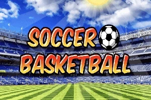 青空の下に広がるスタジアムのフィールドと「SOCCER BASKETBALL」という文字。