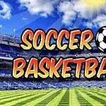 青空の下に広がるスタジアムのフィールドと「SOCCER BASKETBALL」という文字。
