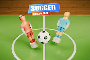 緑のフィールド中央でサッカーボールを挟む赤と水色のミニチュア選手フィギュア。