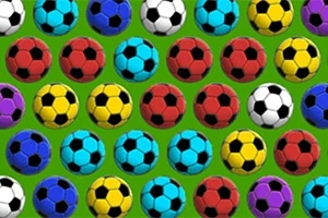 カラフルなサッカーボールが緑の背景に整然と並んでいる画像。