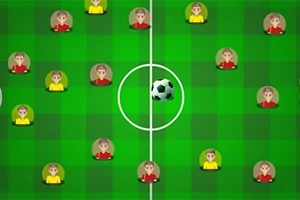 緑色のサッカー場に赤と黄色のユニフォームを着た選手たちが配置され、中央にサッカーボールがある。