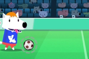 サッカー場で青いシャツを着た白い犬のキャラクターがサッカーボールと一緒にいるアニメーションのシーン。