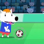 サッカー場で青いシャツを着た白い犬のキャラクターがサッカーボールと一緒にいるアニメーションのシーン。