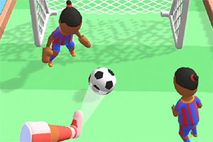 サッカー場で2人のキャラクターがゴール前でボールを追いかけている。