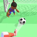 サッカー場で2人のキャラクターがゴール前でボールを追いかけている。