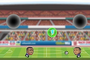 サッカー場でサッカーボールを前にした二人のキャラクターとエネルギーアイテムが描かれています。
