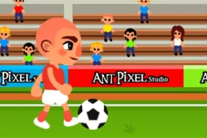 サッカー場でサッカーボールをドリブルするキャラクターと観客席に座る人々。